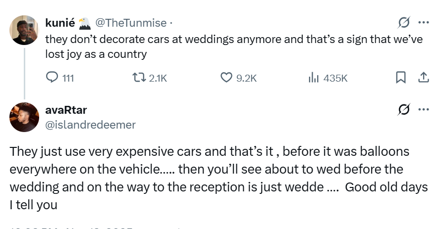 X-user sparks conversation on fading tradition of Nigerians decorating wedding cars